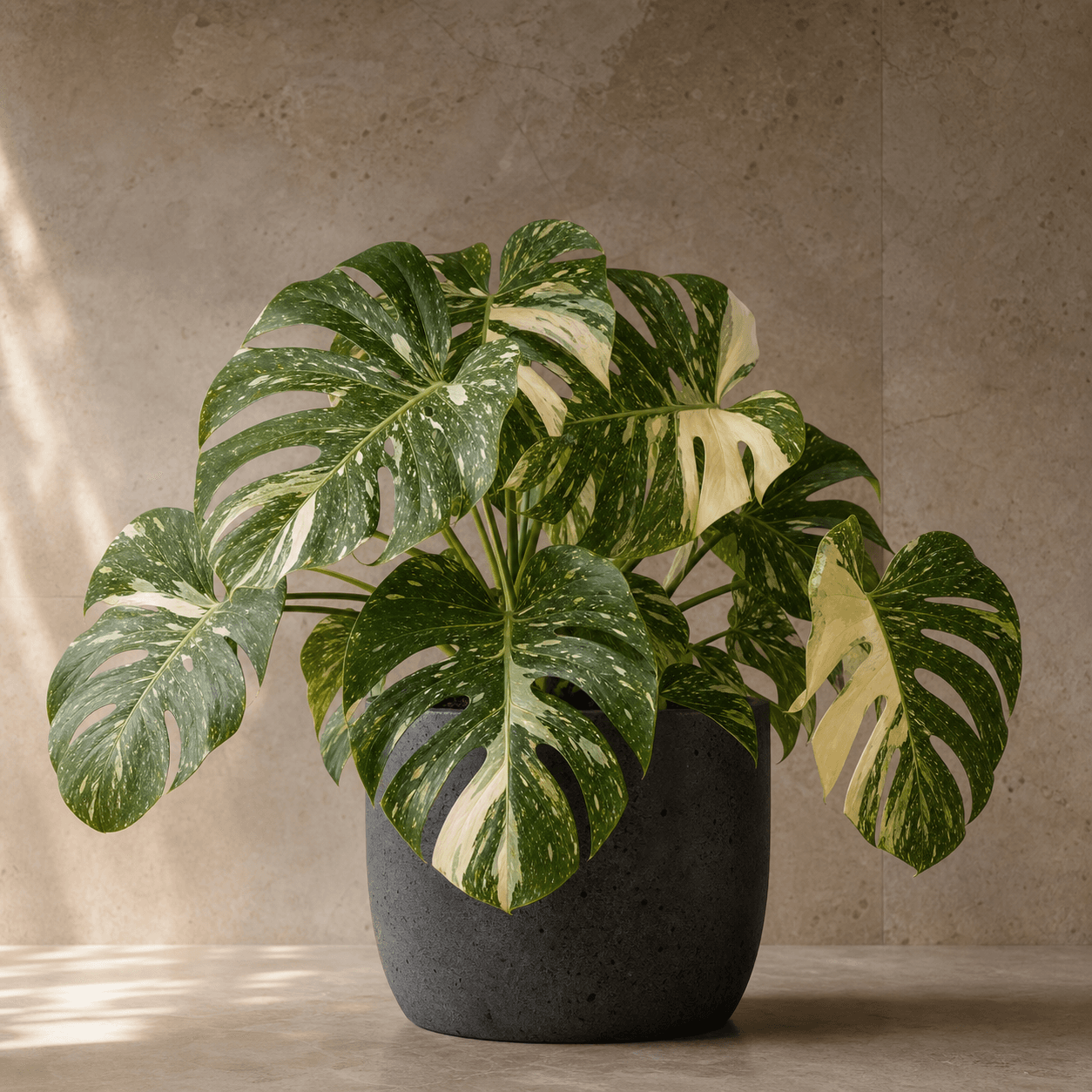 AI-generated concept of Monstera Thai Constellation; Mini Monstera identity requires verification