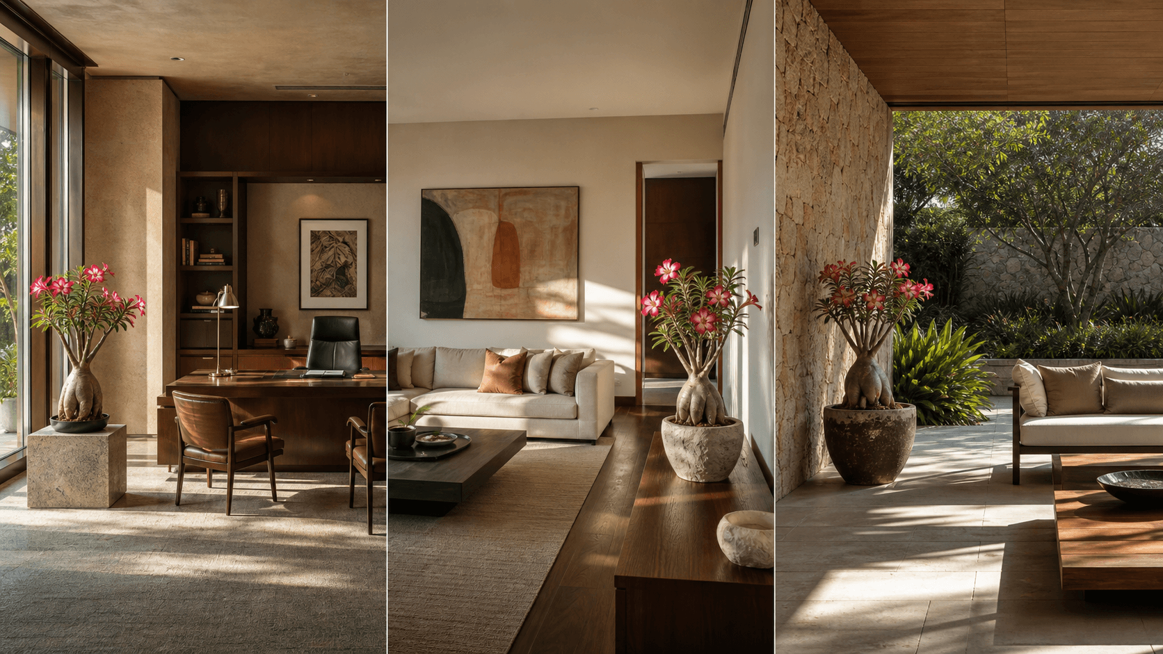 Desert Rose shown in three settings: Bright executive office, Modern living room, Sheltered patio