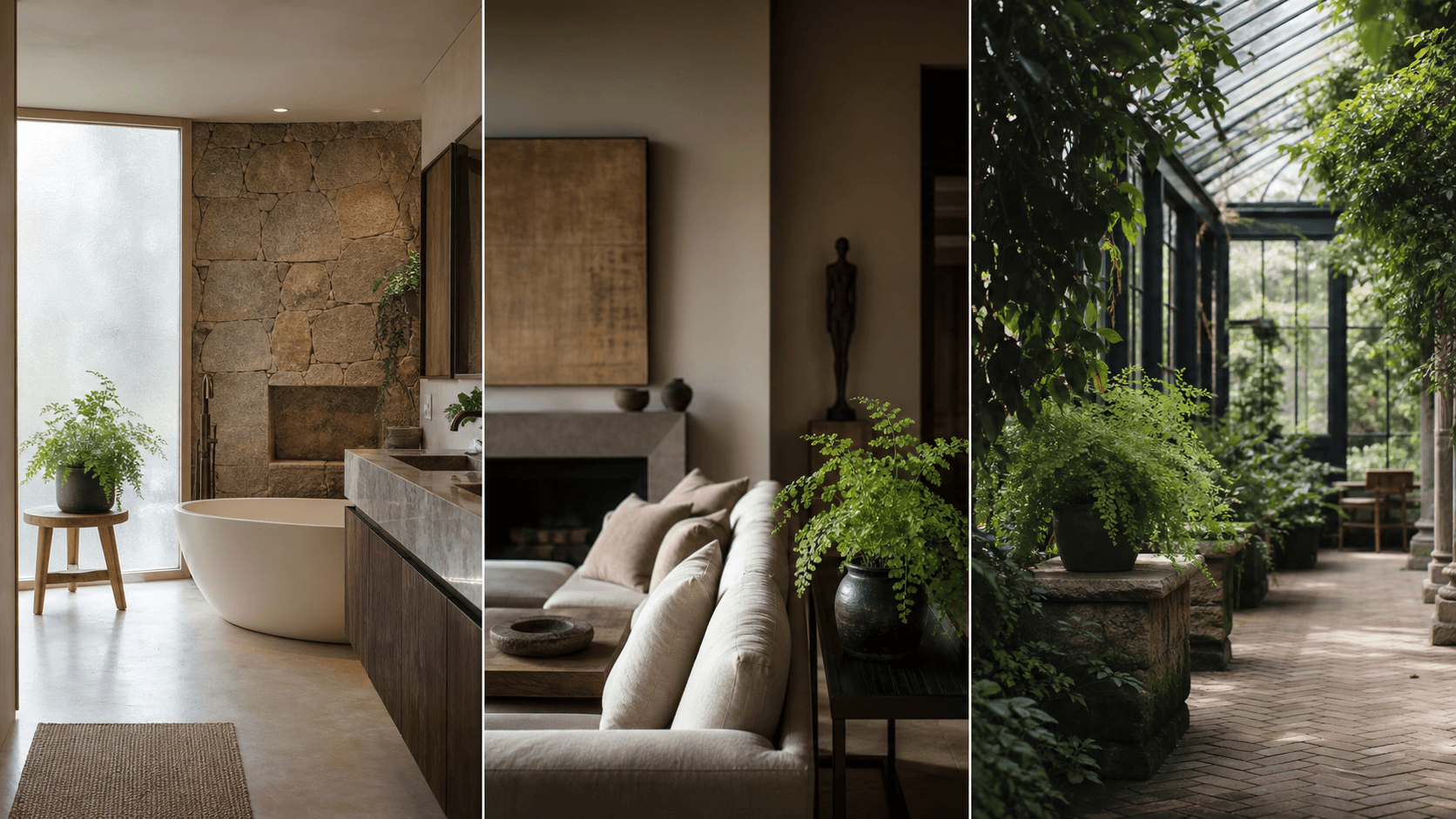 Aethiopicum maidenhair fern shown in three settings: Spa bathroom, Shaded living room, Glass conservatory