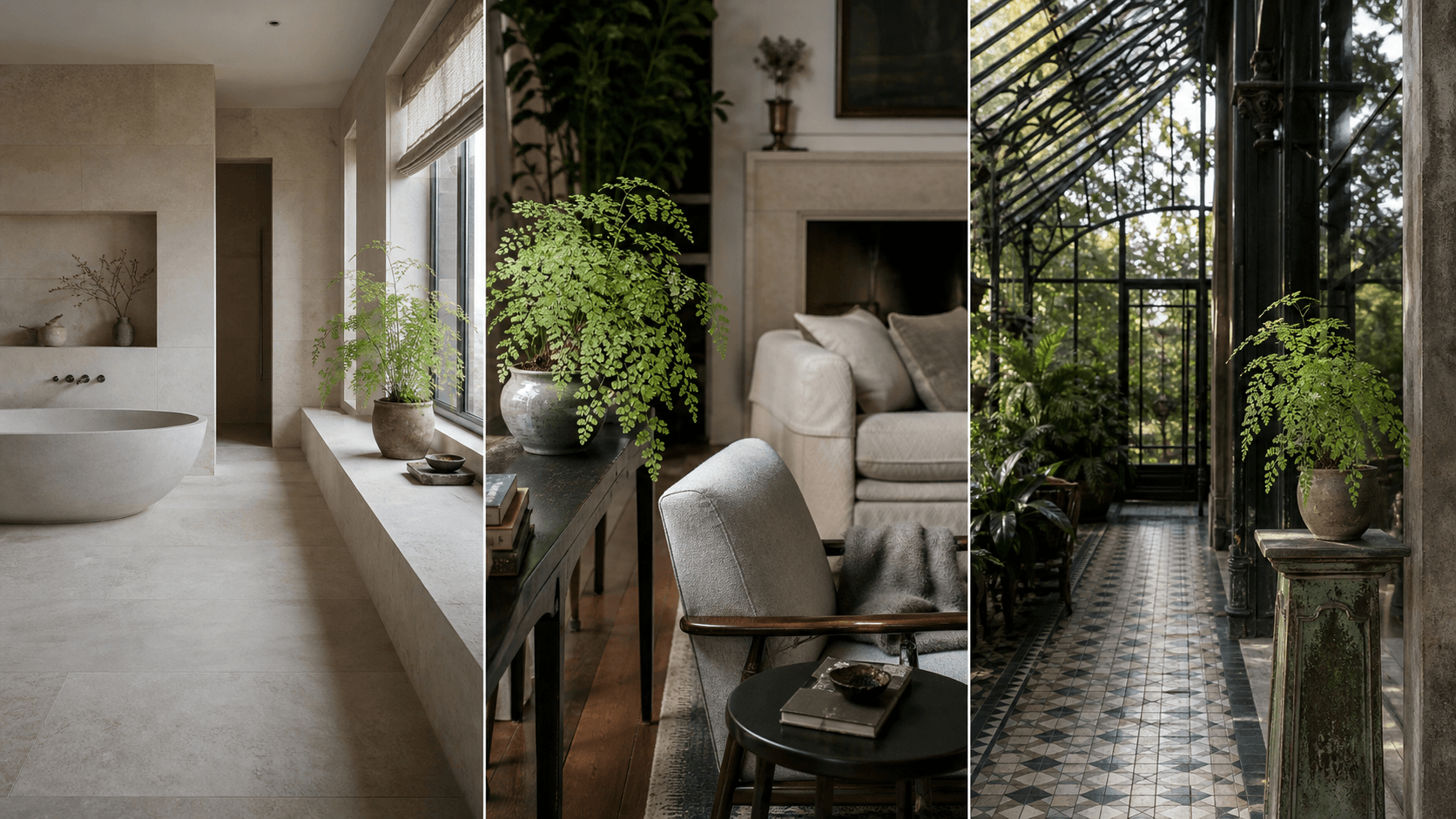 Capillus Veneris maidenhair fern shown in three settings: Spa bathroom, Shaded living room, Glass conservatory