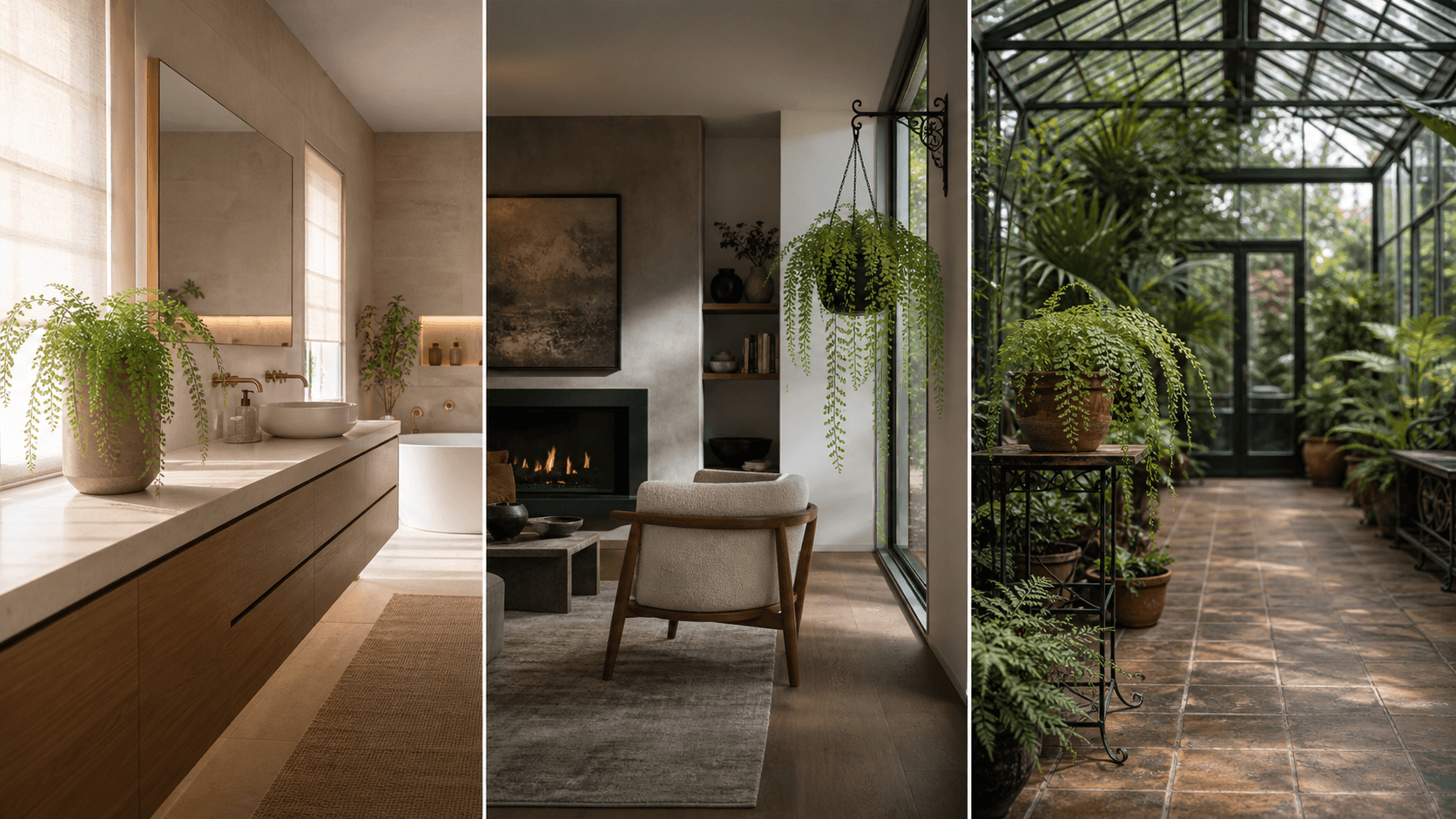 Caudatum maidenhair fern shown in three settings: Spa bathroom, Shaded living room, Glass conservatory