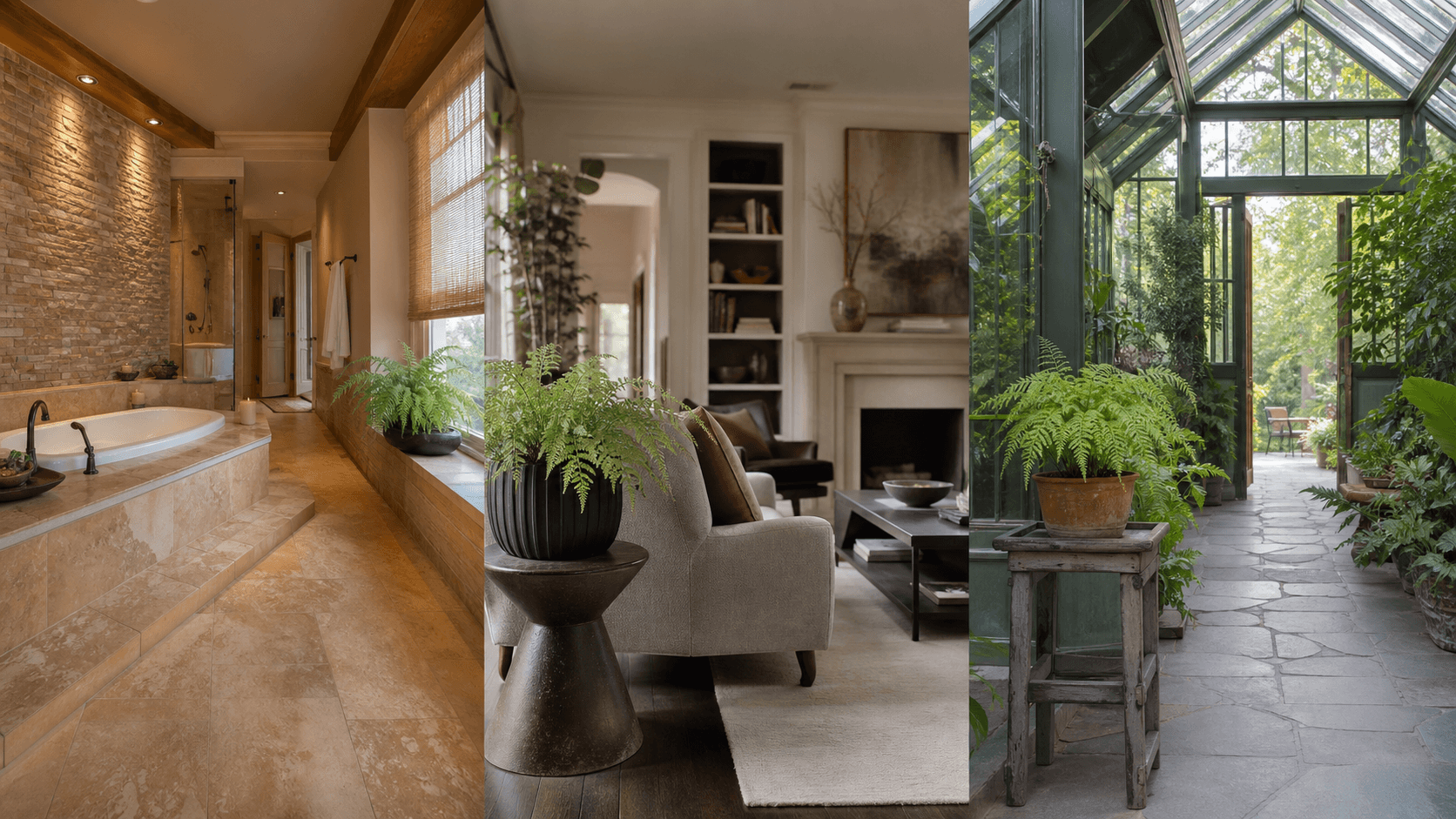 Pedatum maidenhair fern shown in three settings: Spa bathroom, Shaded living room, Glass conservatory