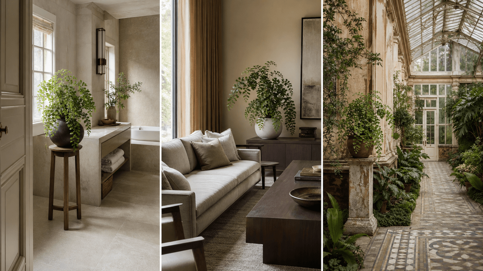 Peruvianum maidenhair fern shown in three settings: Spa bathroom, Shaded living room, Glass conservatory