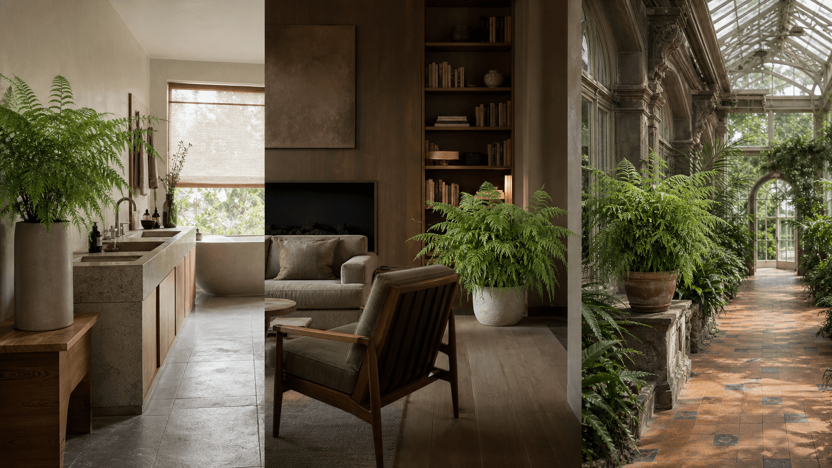 Polyphyllum maidenhair fern shown in three settings: Spa bathroom, Shaded living room, Glass conservatory