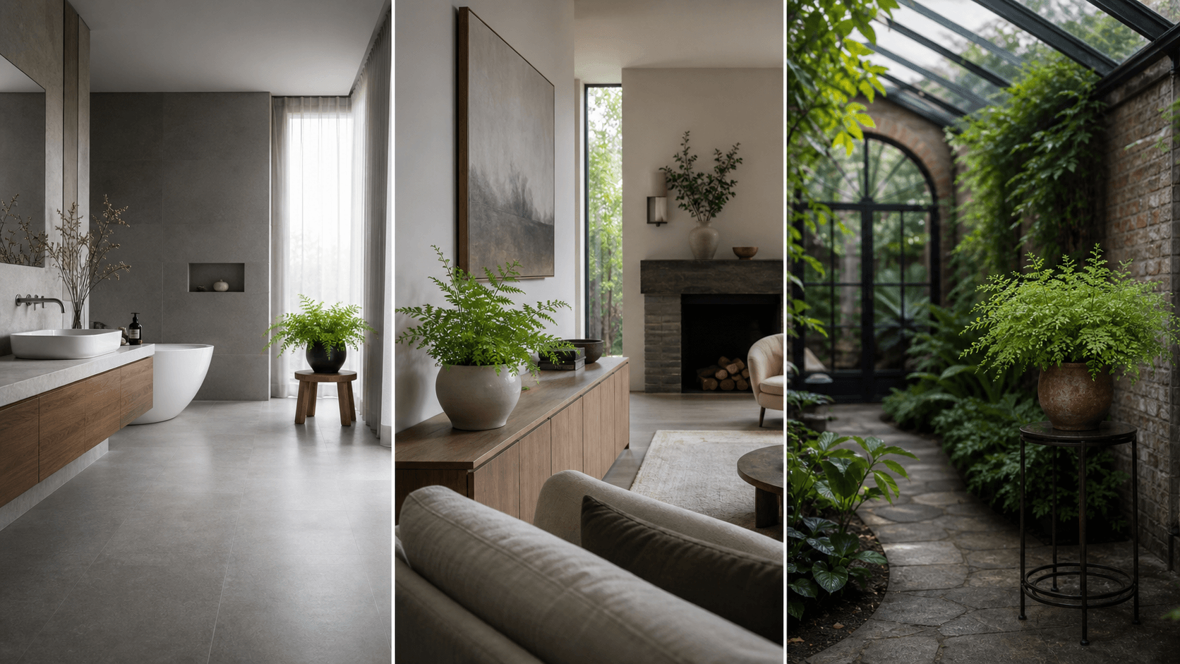 Raddianum maidenhair fern shown in three settings: Spa bathroom, Shaded living room, Glass conservatory