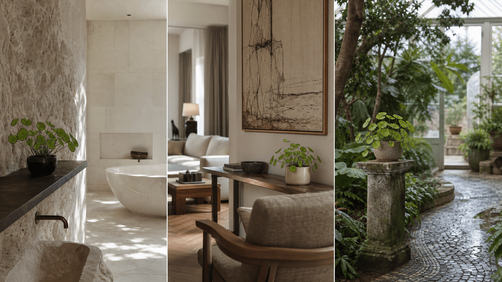 Reniforme maidenhair fern shown in three settings: Spa bathroom, Shaded living room, Glass conservatory