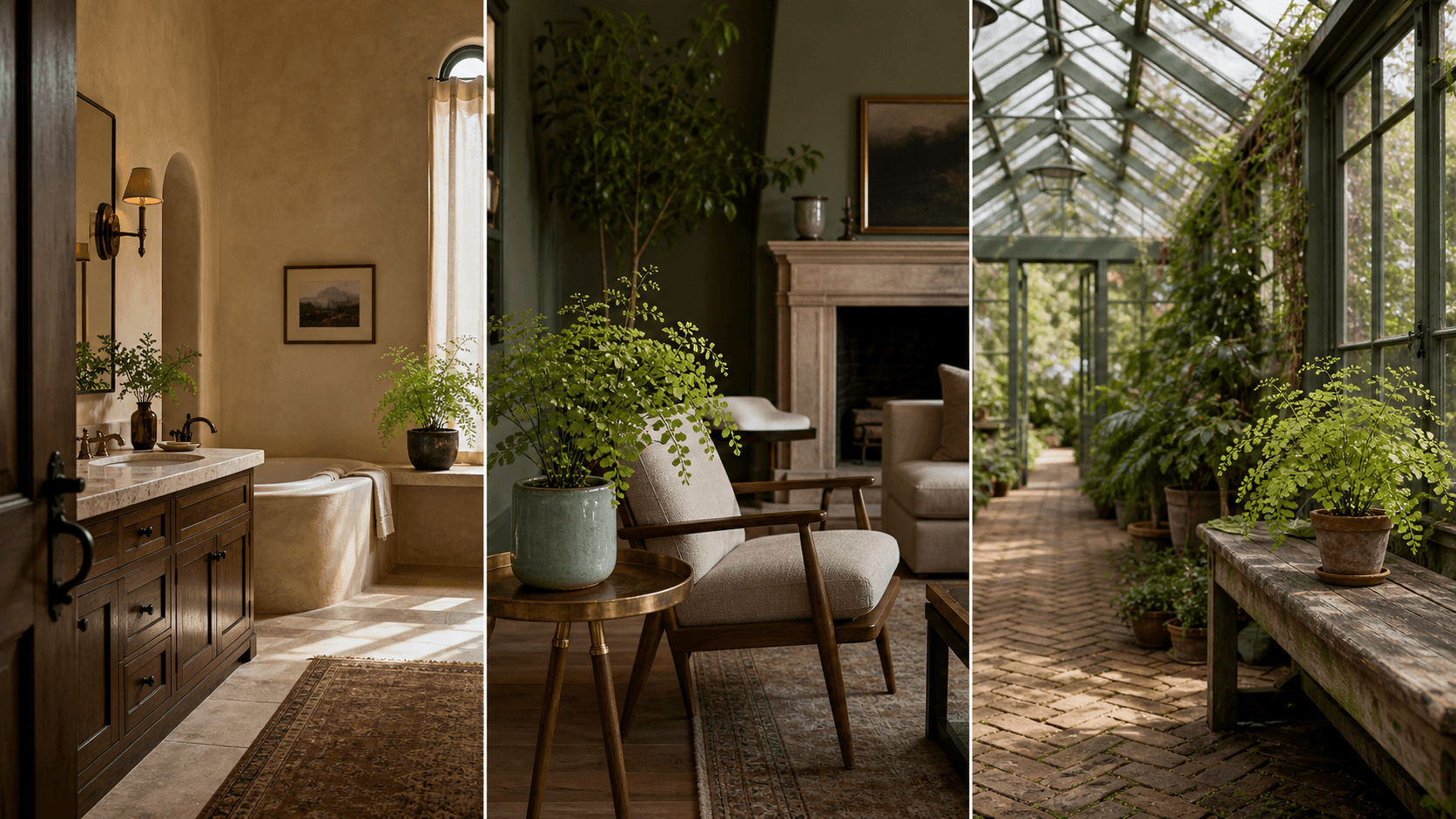 Tenerum maidenhair fern shown in three settings: Spa bathroom, Shaded living room, Glass conservatory