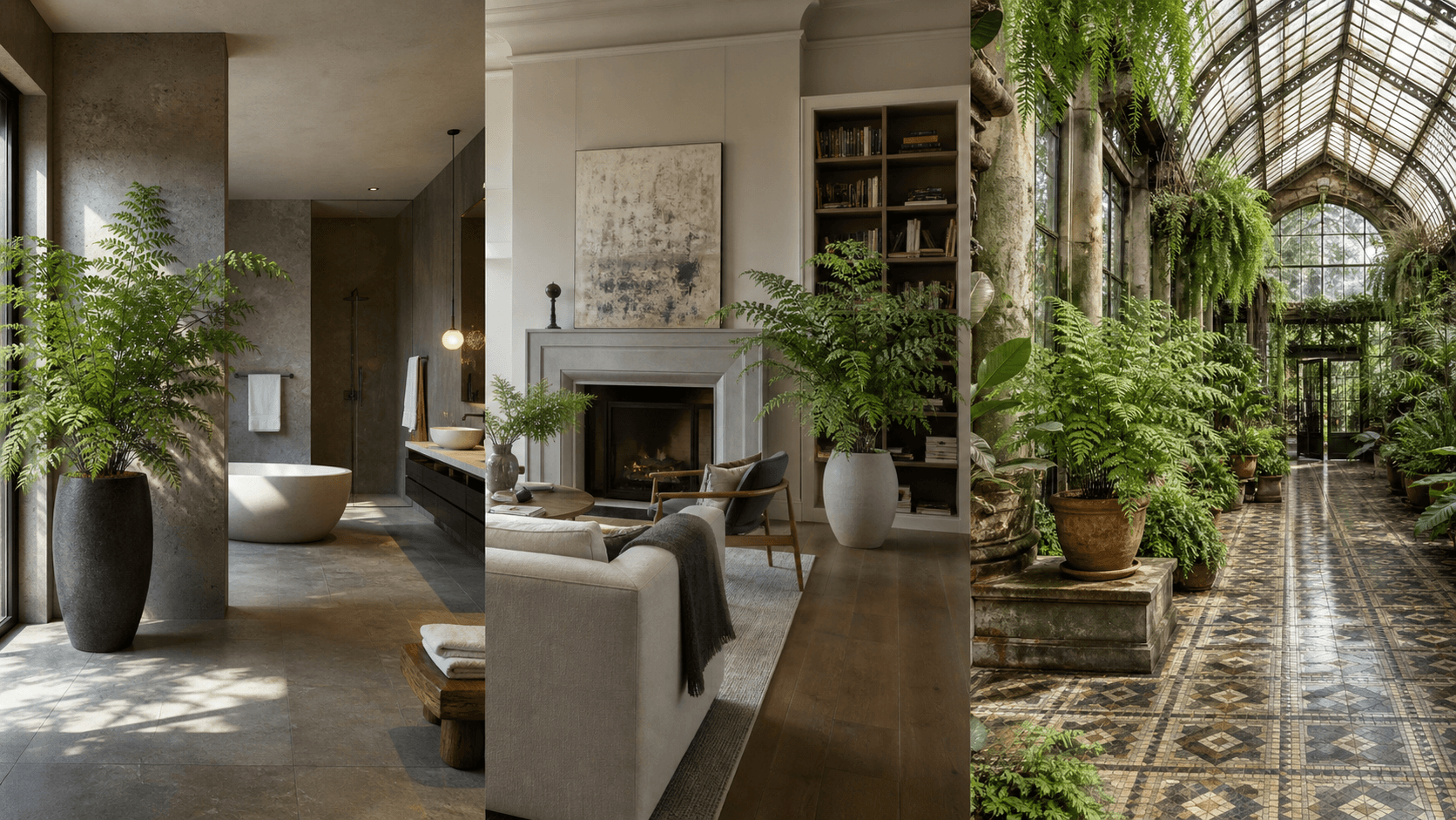 Trapeziforme maidenhair fern shown in three settings: Spa bathroom, Shaded living room, Glass conservatory