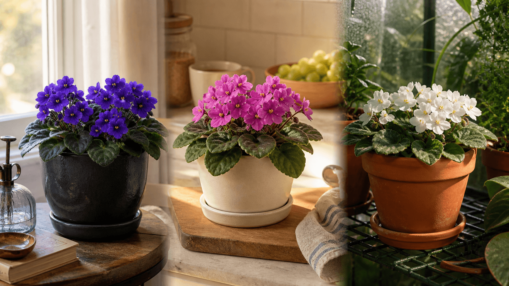 African Violet shown in three settings: Refined living room, Bright architectural entryway, Sheltered patio
