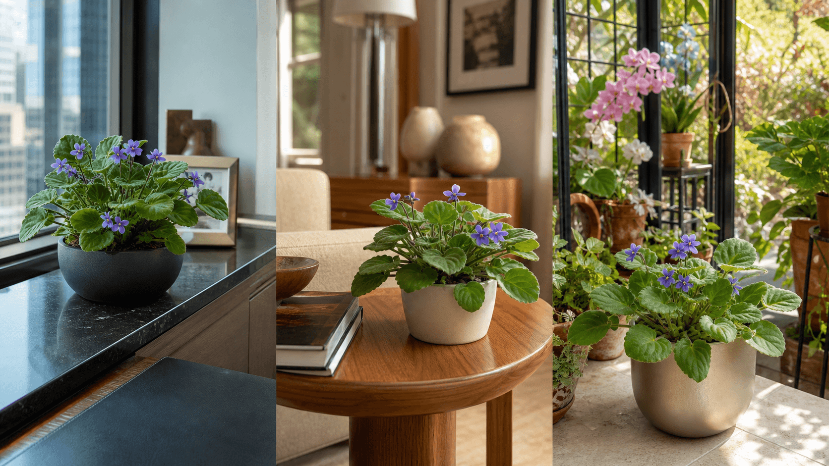 African violet shown in three settings: Refined living room, Bright architectural entryway, Sheltered patio