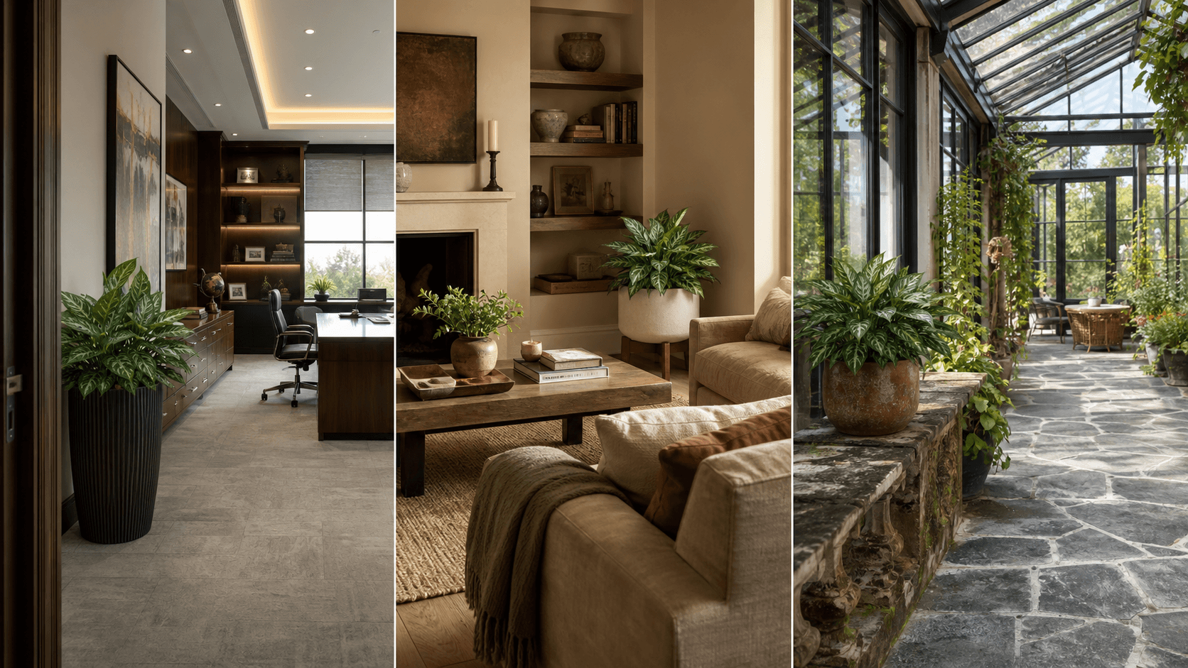 Commutatum Chinese evergreen shown in three settings: Executive office, Refined living room, Bright conservatory