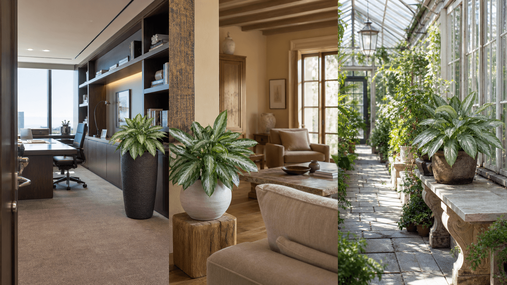 Modestum Chinese evergreen shown in three settings: Executive office, Refined living room, Bright conservatory