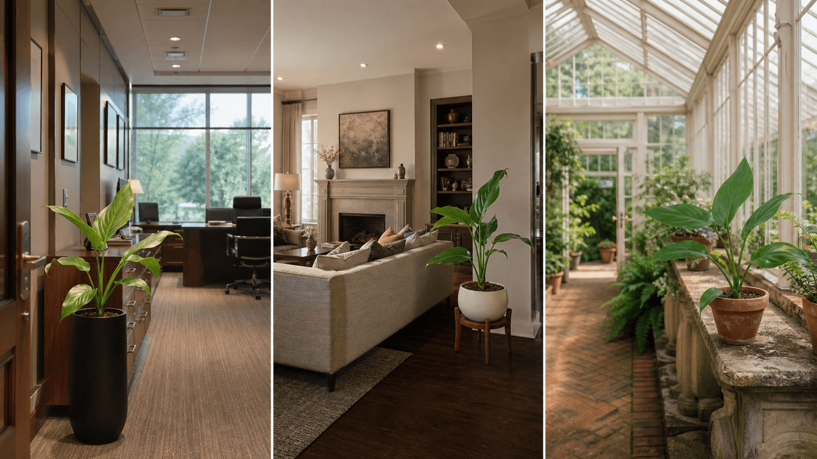Simplex Chinese evergreen shown in three settings: Executive office, Refined living room, Bright conservatory