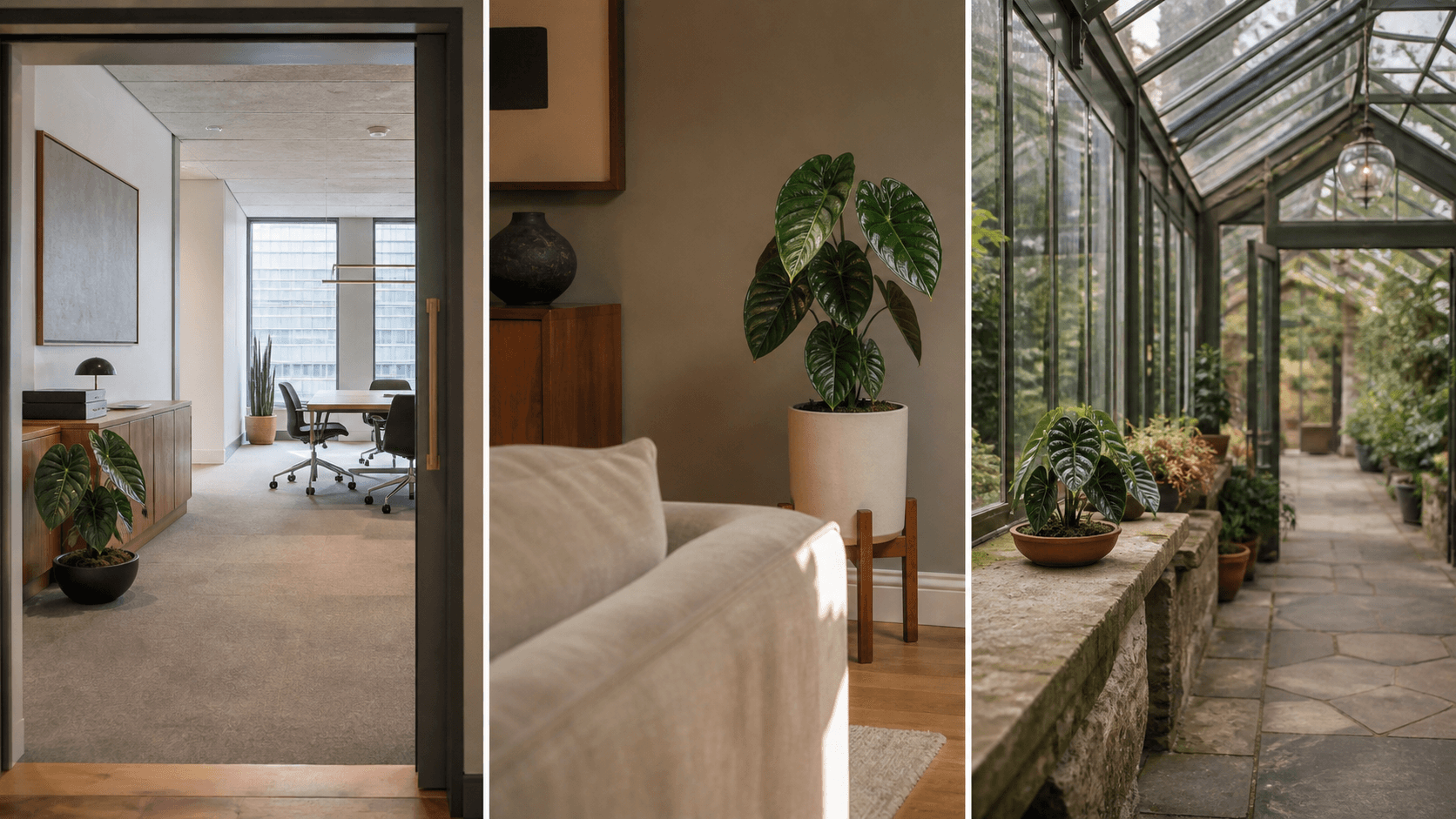 Baginda jewel alocasia shown in three settings: Executive office, Refined living room, Bright conservatory