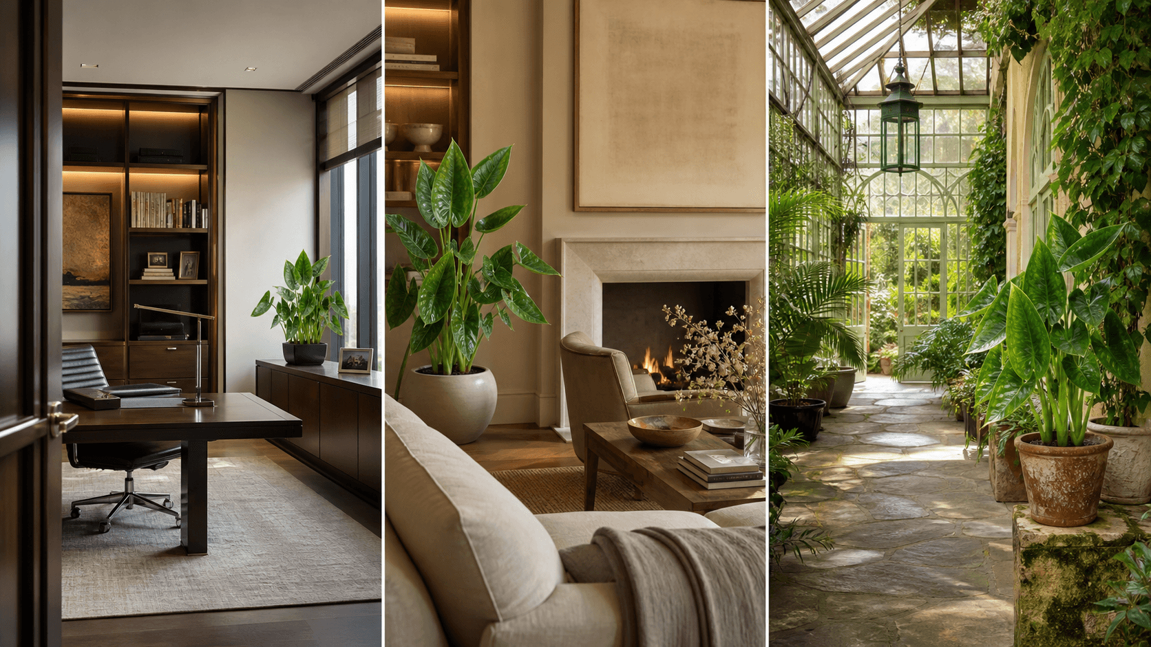 Cucullata jewel alocasia shown in three settings: Executive office, Refined living room, Bright conservatory