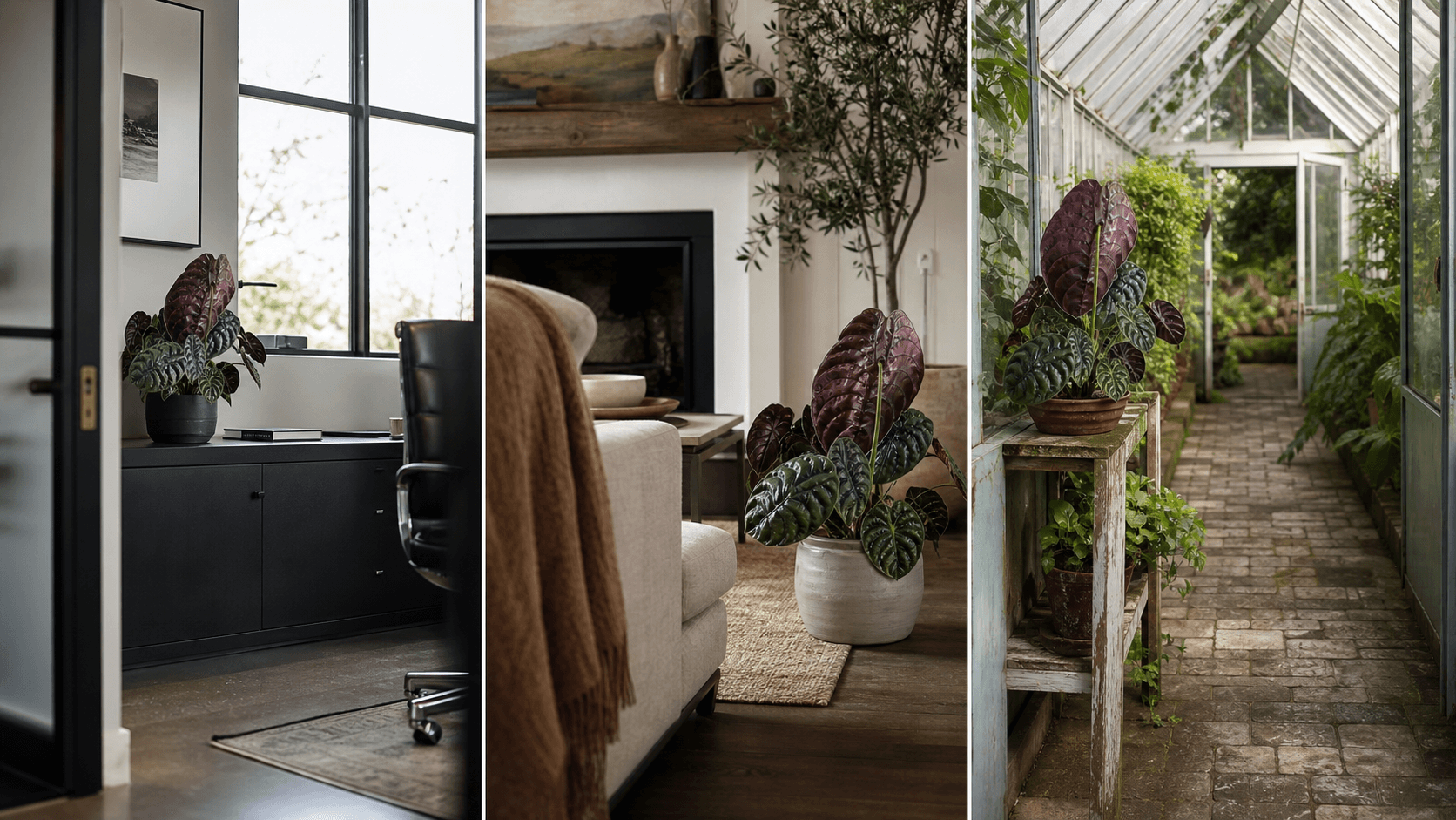 Mirror Plant Alocasia shown in three settings: Executive office, Refined living room, Bright conservatory