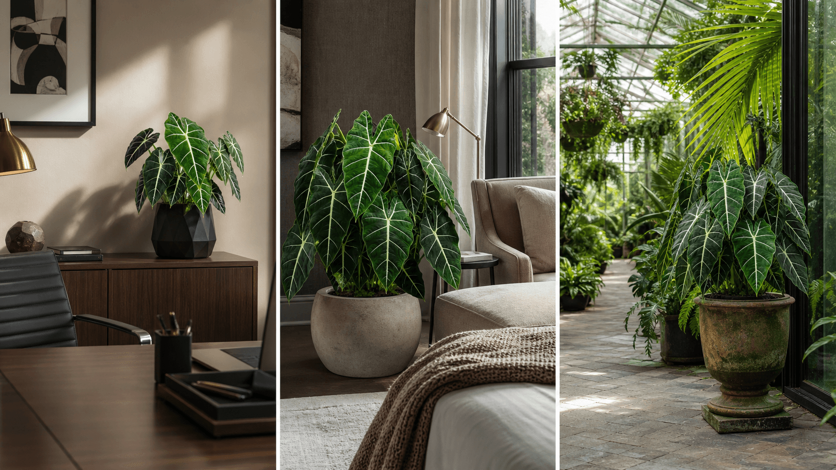 Micholitziana jewel alocasia shown in three settings: Executive office, Refined living room, Bright conservatory