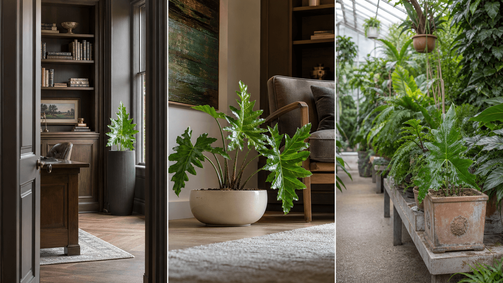 Nycteris jewel alocasia shown in three settings: Executive office, Refined living room, Bright conservatory