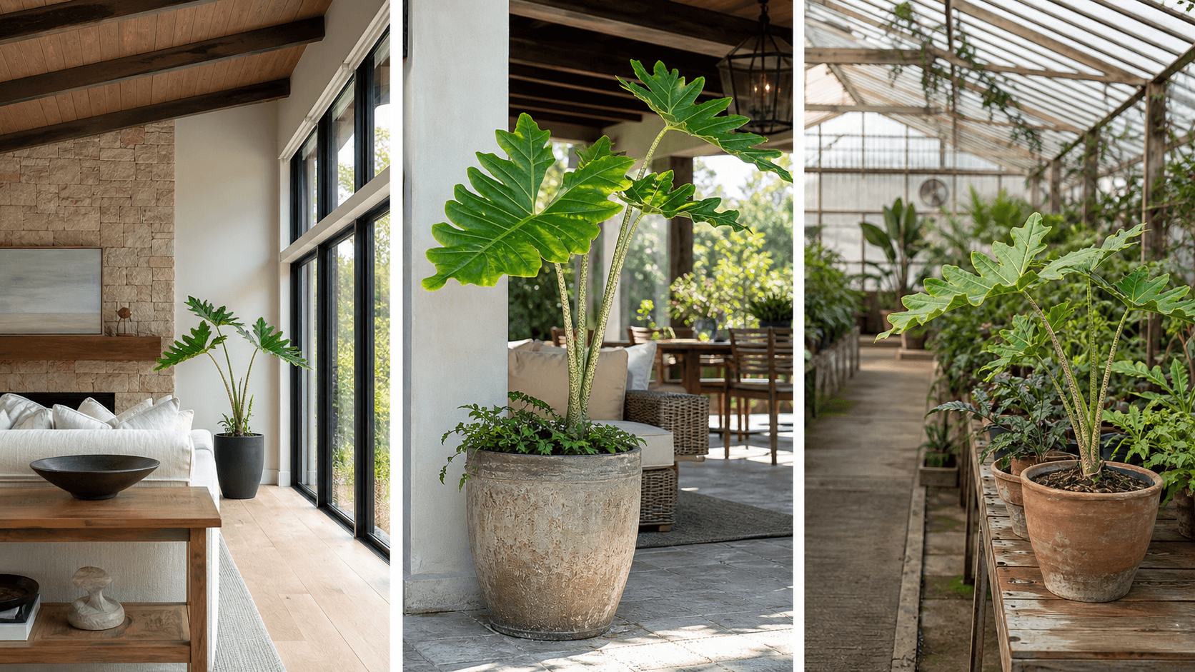 Portei jewel alocasia shown in three settings: Executive office, Refined living room, Bright conservatory