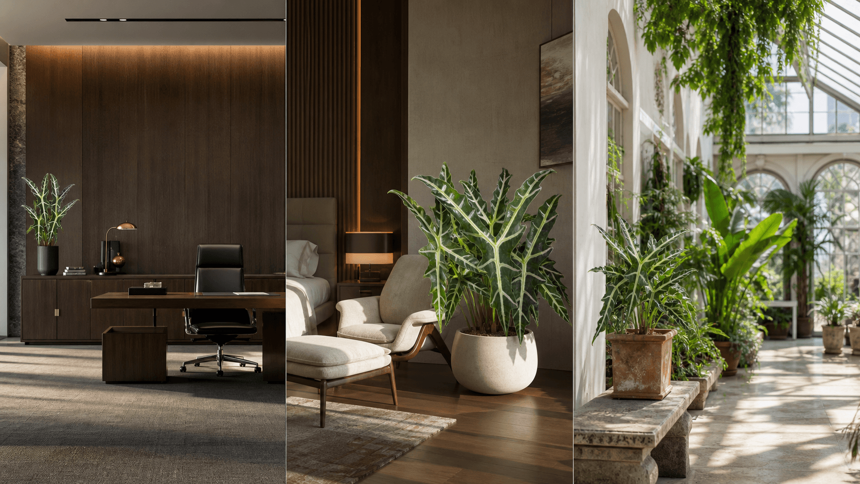 Kris Plant Alocasia shown in three settings: Executive office, Refined living room, Bright conservatory