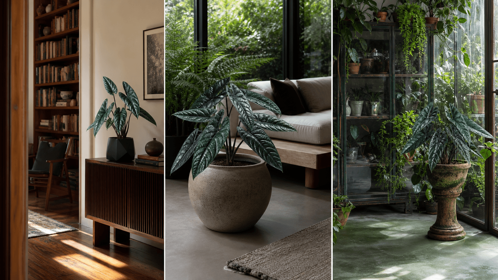 Scalprum jewel alocasia shown in three settings: Executive office, Refined living room, Bright conservatory