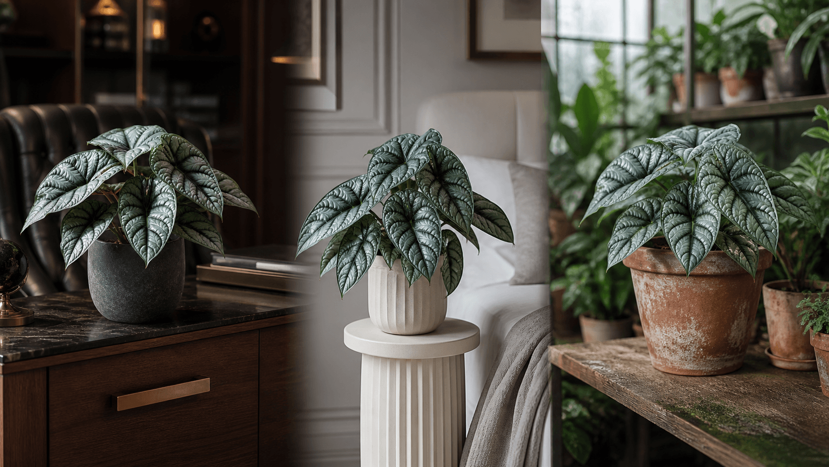 Alocasia Silver Dragon shown in three settings: Executive office, Refined living room, Bright conservatory