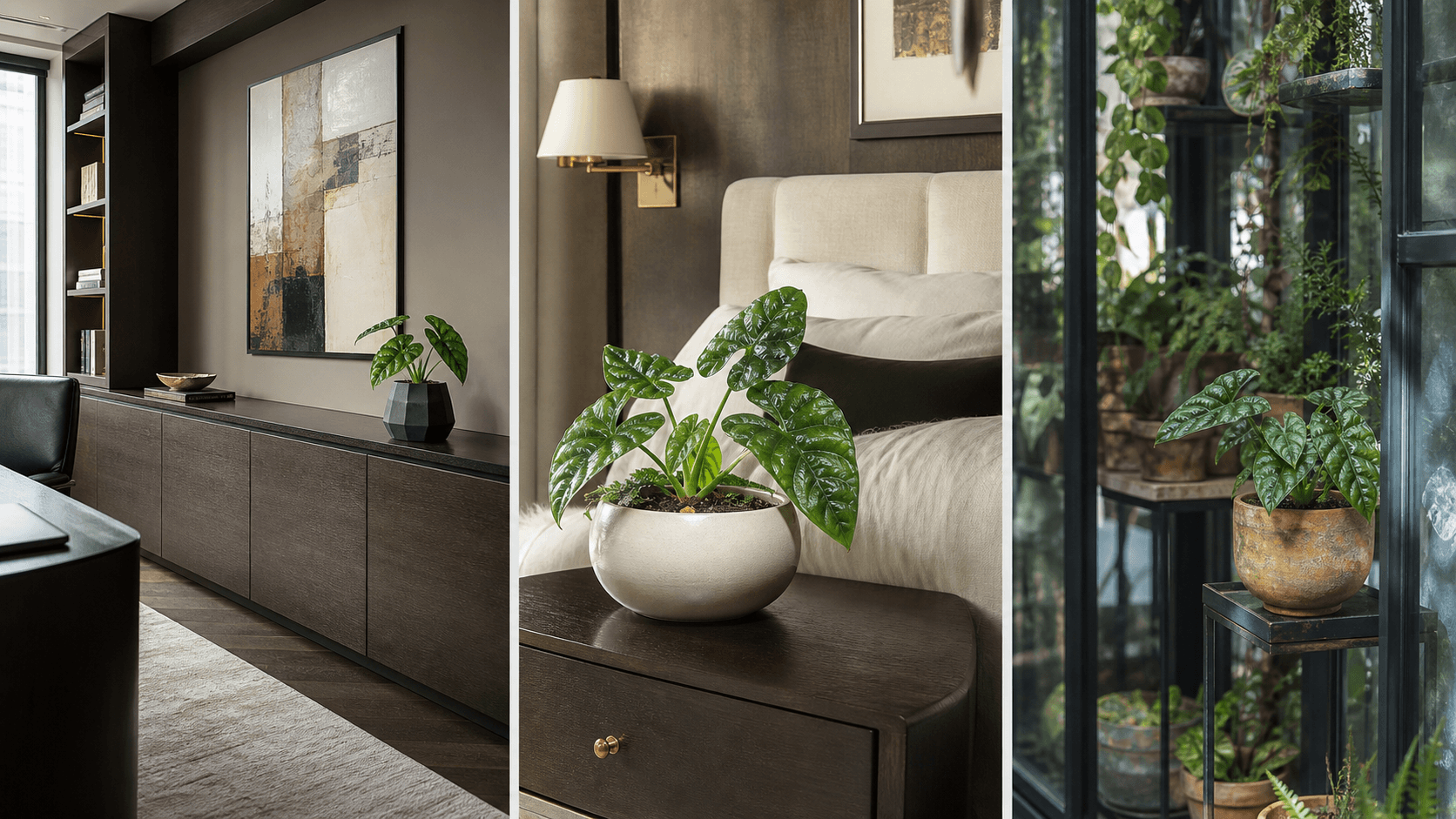 Sinuata jewel alocasia shown in three settings: Executive office, Refined living room, Bright conservatory