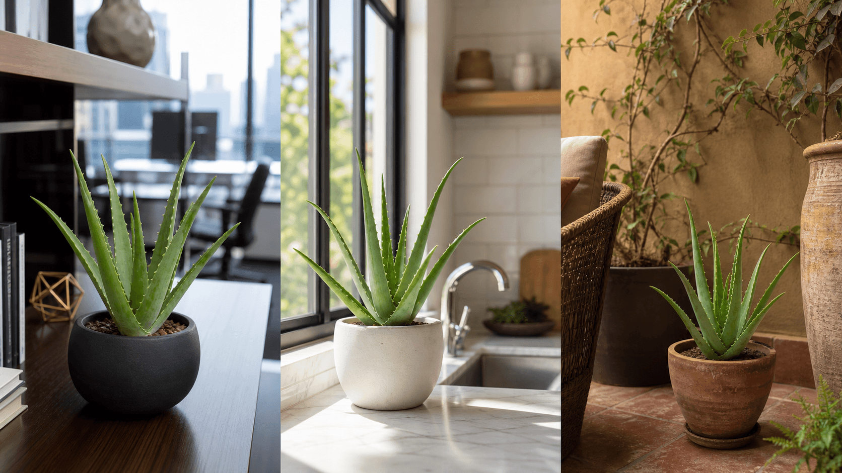 Aloe Vera shown in three settings: Bright executive office, Modern living room, Sheltered patio