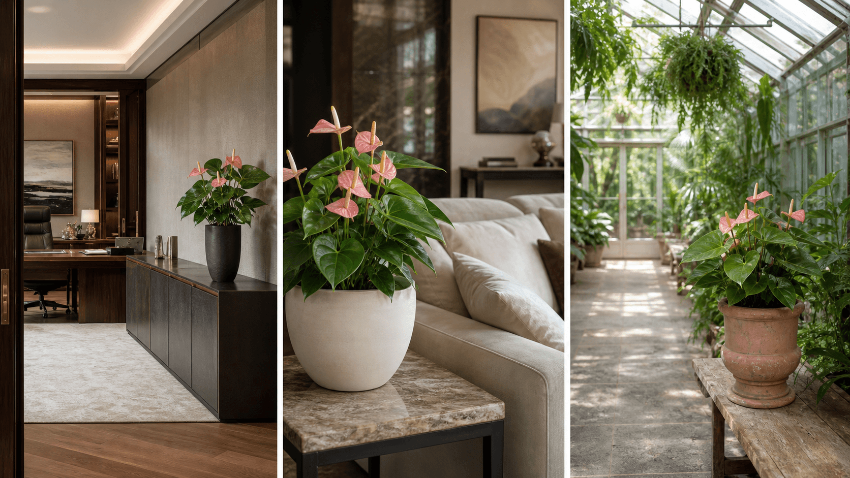 Flamingo Flower Anthurium shown in three settings: Executive office, Refined living room, Bright conservatory