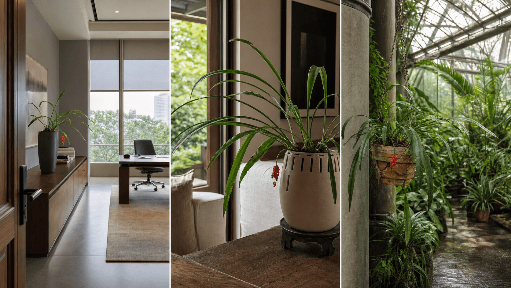 Bakeri anthurium shown in three settings: Executive office, Refined living room, Bright conservatory