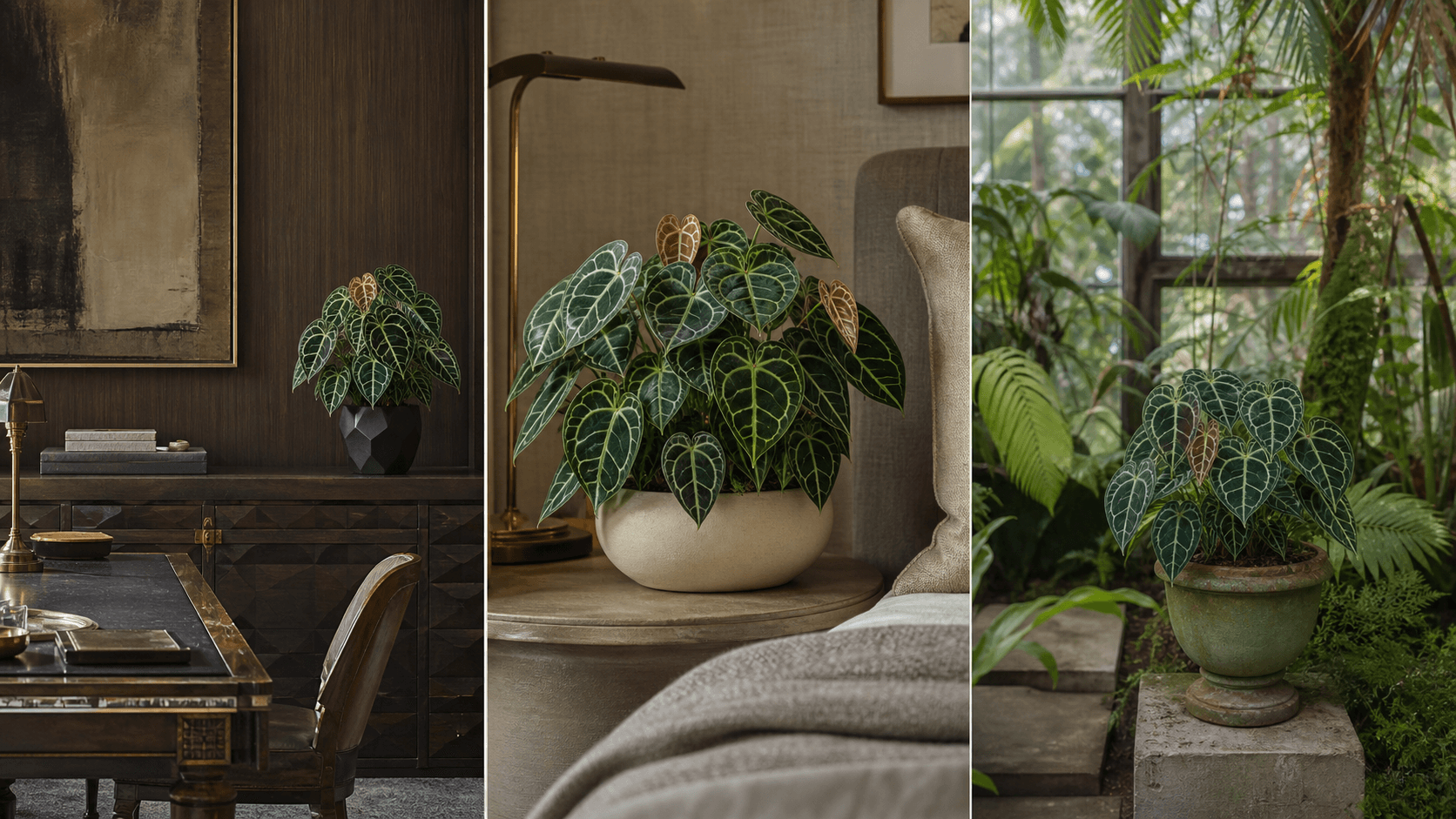 Clarinervium anthurium shown in three settings: Executive office, Refined living room, Bright conservatory