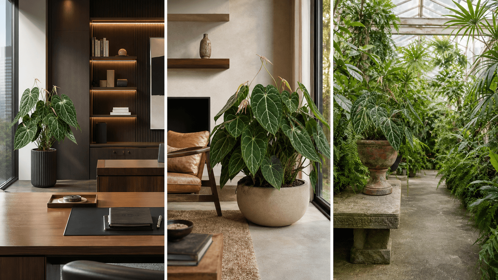 Crystallinum anthurium shown in three settings: Executive office, Refined living room, Bright conservatory