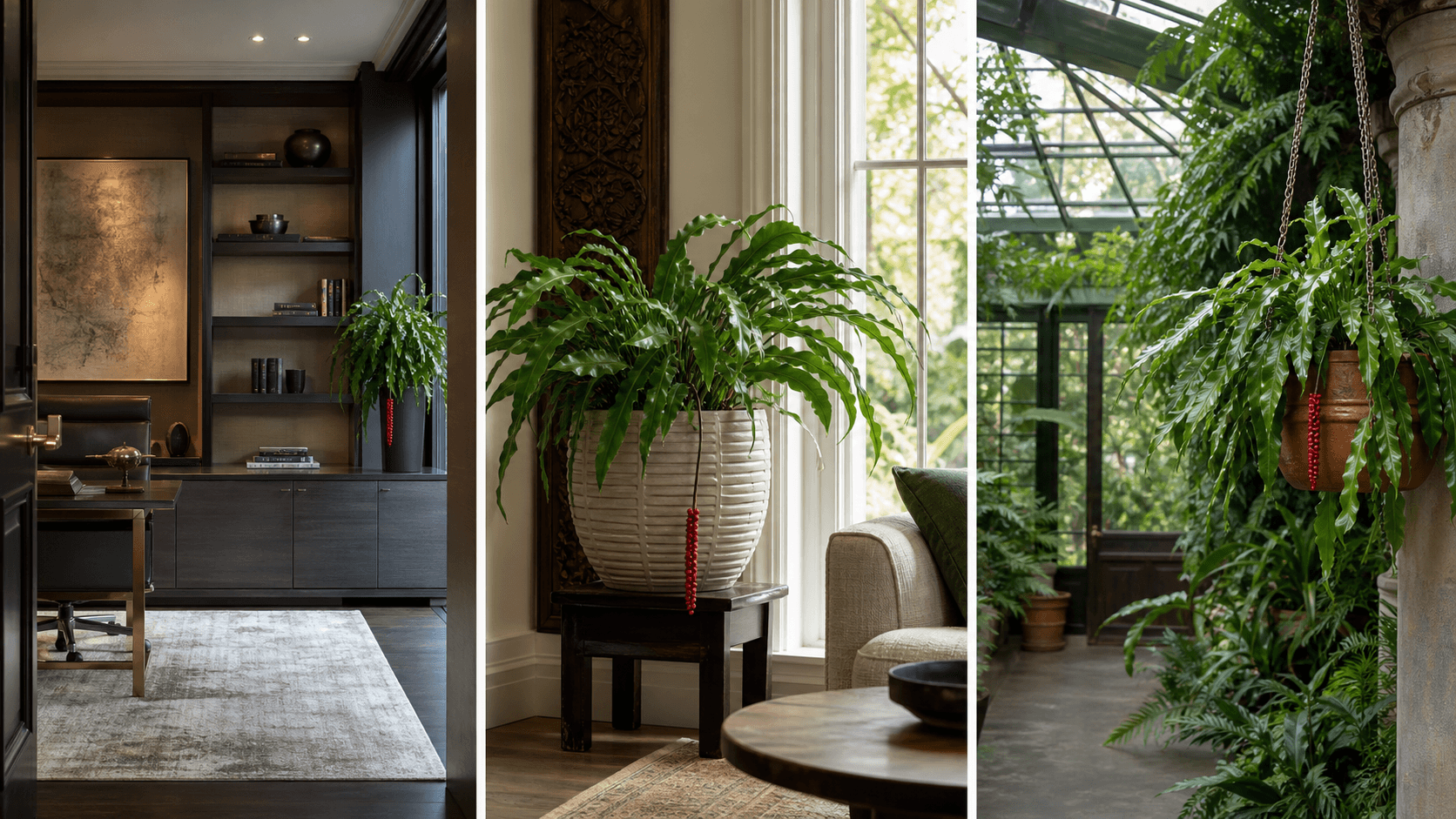 Gracile anthurium shown in three settings: Executive office, Refined living room, Bright conservatory