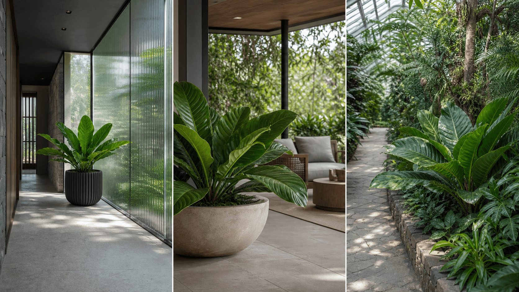 Hookeri anthurium shown in three settings: Executive office, Refined living room, Bright conservatory
