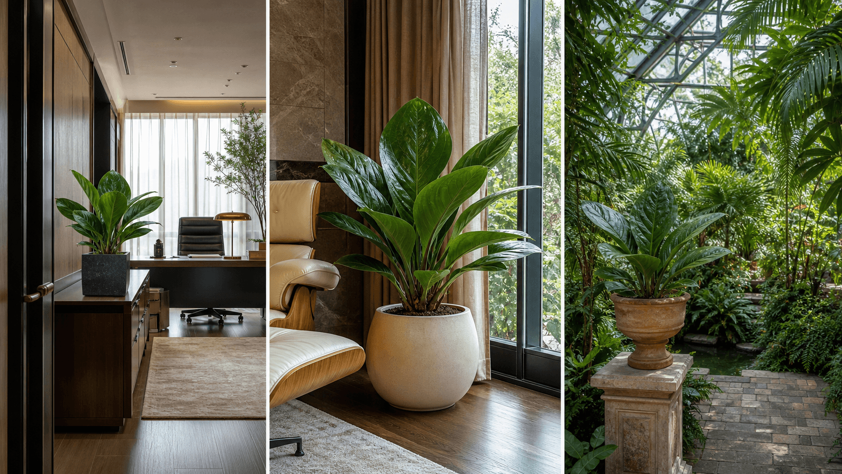 Jenmanii anthurium shown in three settings: Executive office, Refined living room, Bright conservatory