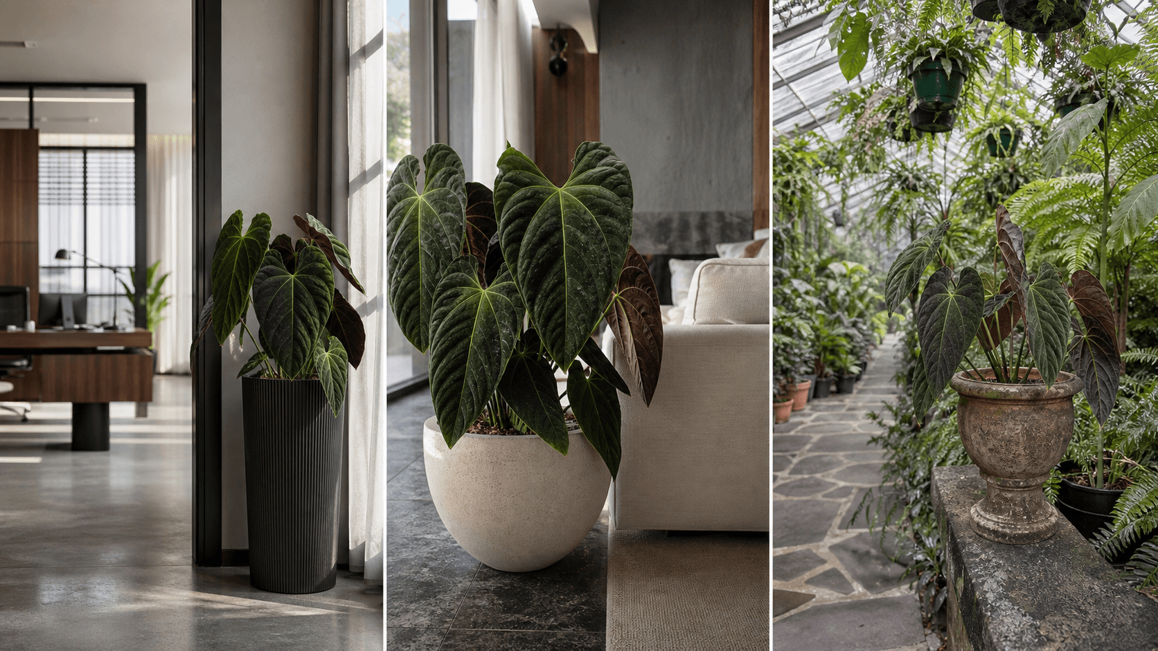 Papillilaminum anthurium shown in three settings: Executive office, Refined living room, Bright conservatory