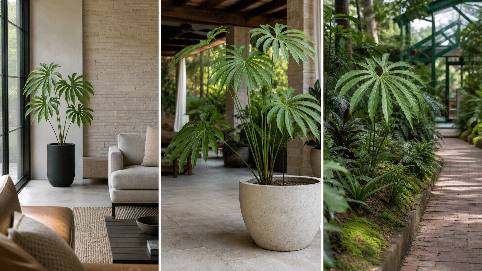 Pedatoradiatum anthurium shown in three settings: Executive office, Refined living room, Bright conservatory
