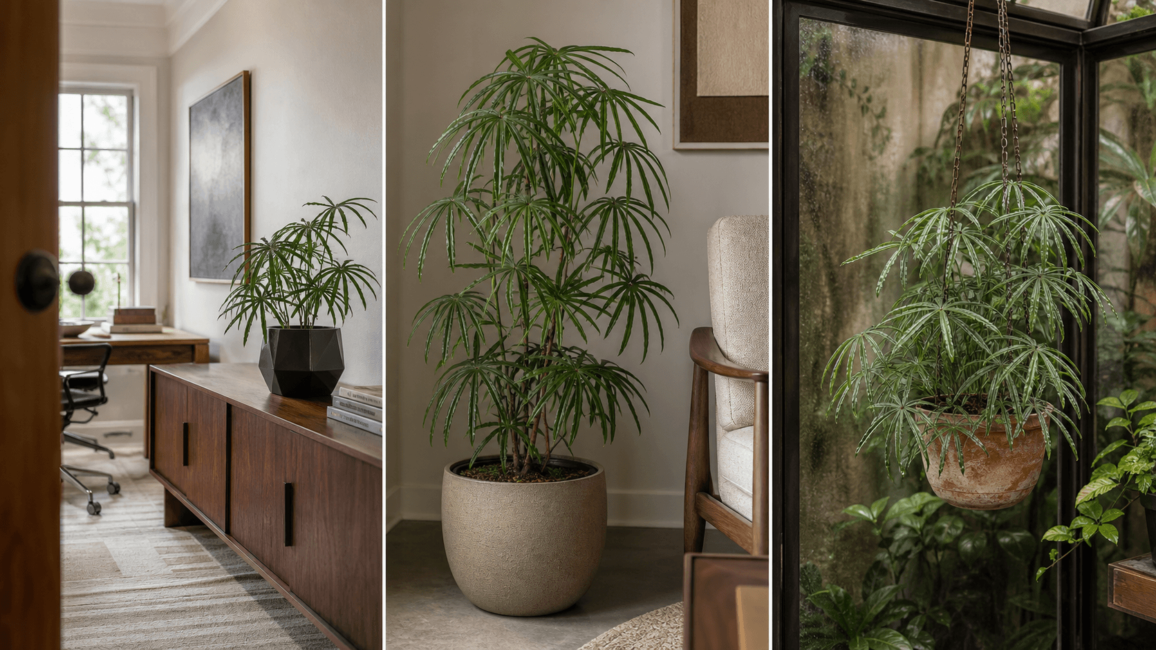 Polyschistum anthurium shown in three settings: Executive office, Refined living room, Bright conservatory