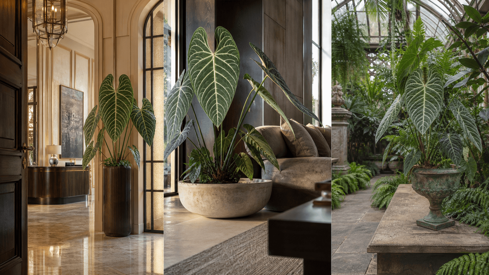 Regale anthurium shown in three settings: Executive office, Refined living room, Bright conservatory