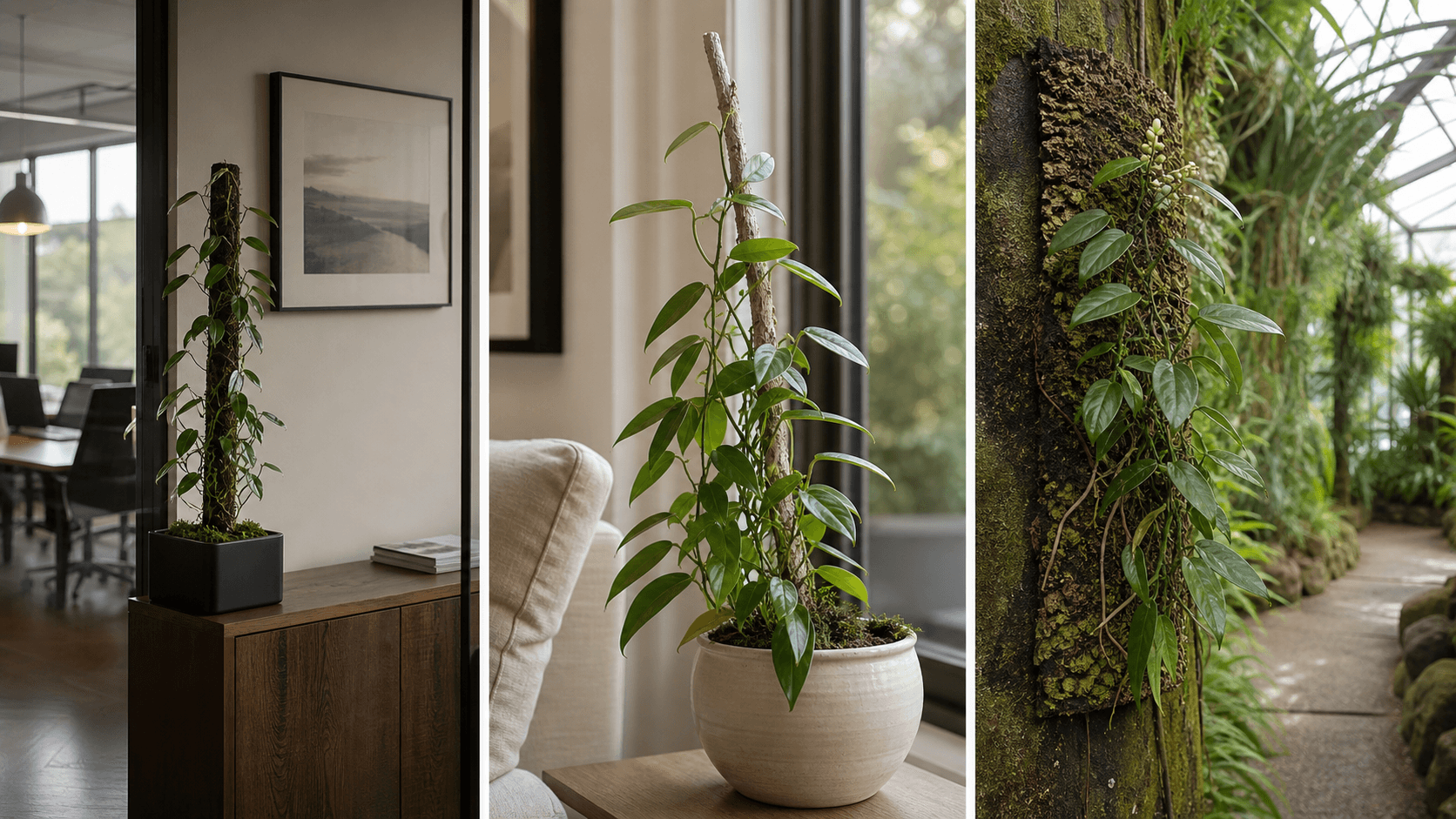 Scandens anthurium shown in three settings: Executive office, Refined living room, Bright conservatory