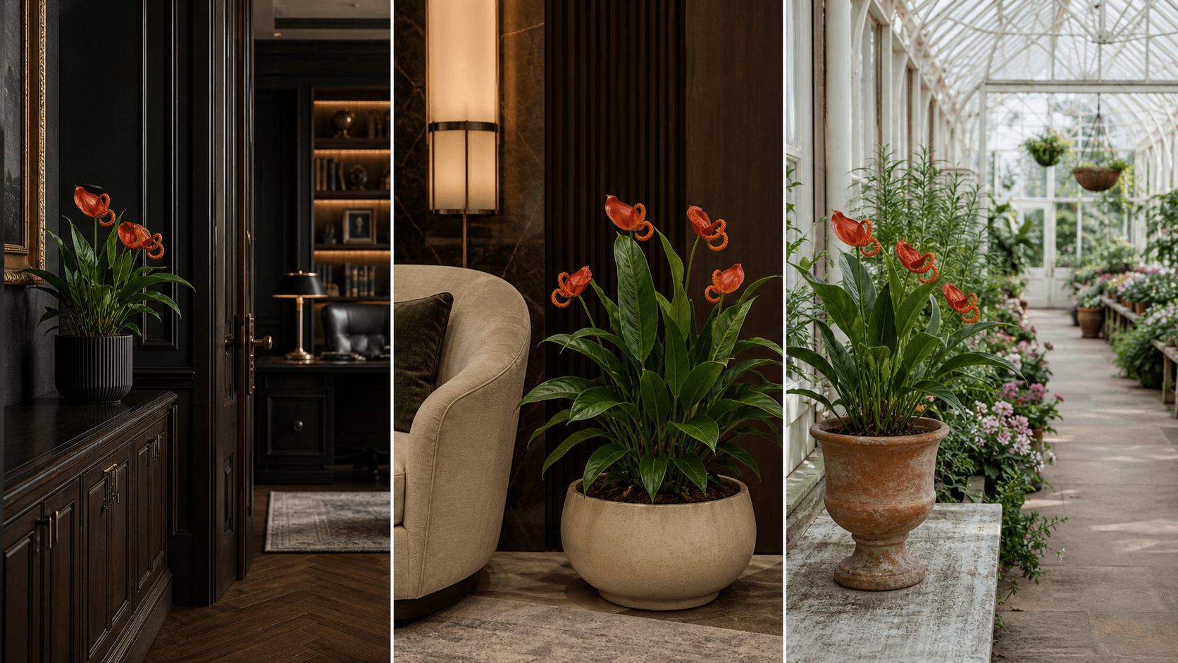 Scherzerianum anthurium shown in three settings: Executive office, Refined living room, Bright conservatory