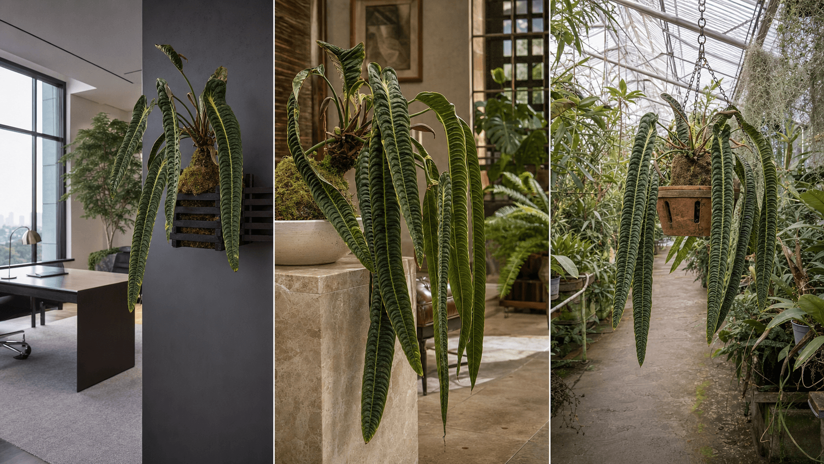 Veitchii anthurium shown in three settings: Executive office, Refined living room, Bright conservatory