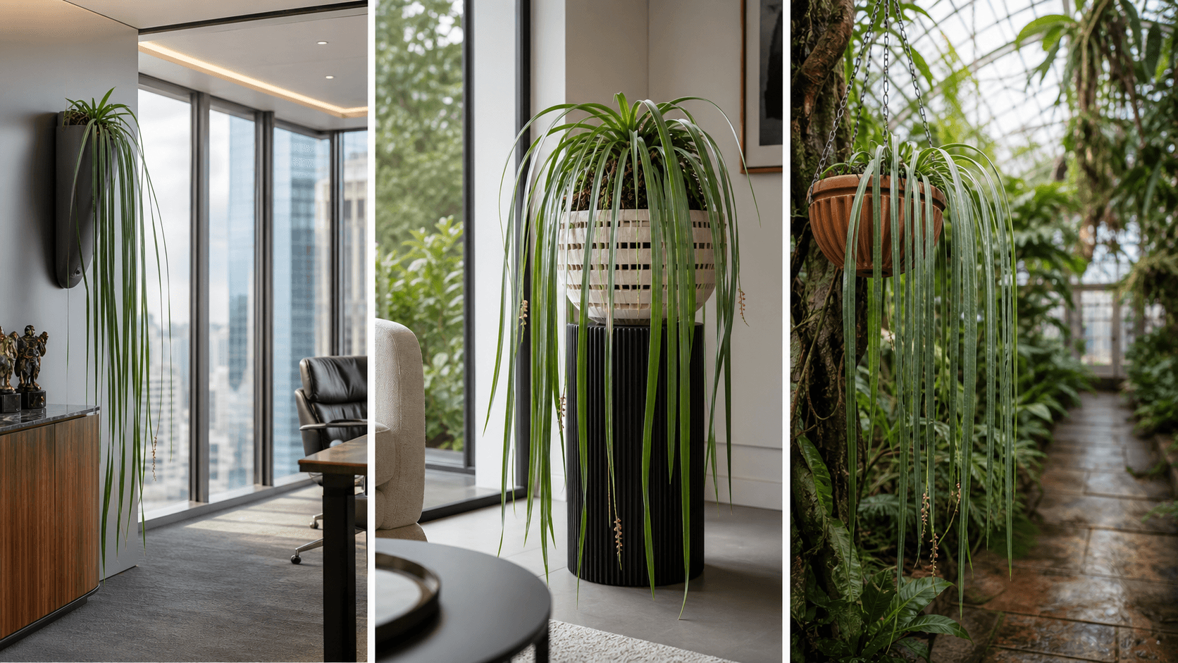 Vittarifolium anthurium shown in three settings: Executive office, Refined living room, Bright conservatory