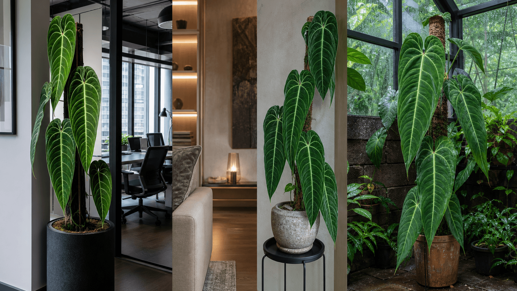 Anthurium Warocqueanum shown in three settings: Executive office, Refined living room, Bright conservatory