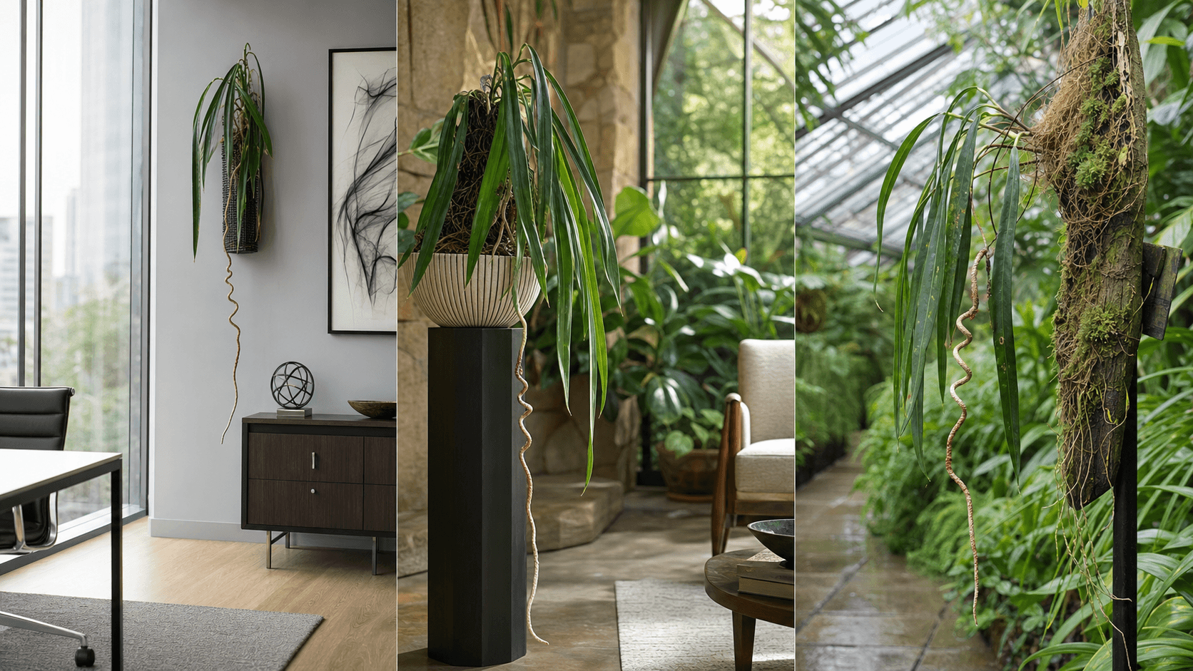 Wendlingeri anthurium shown in three settings: Executive office, Refined living room, Bright conservatory