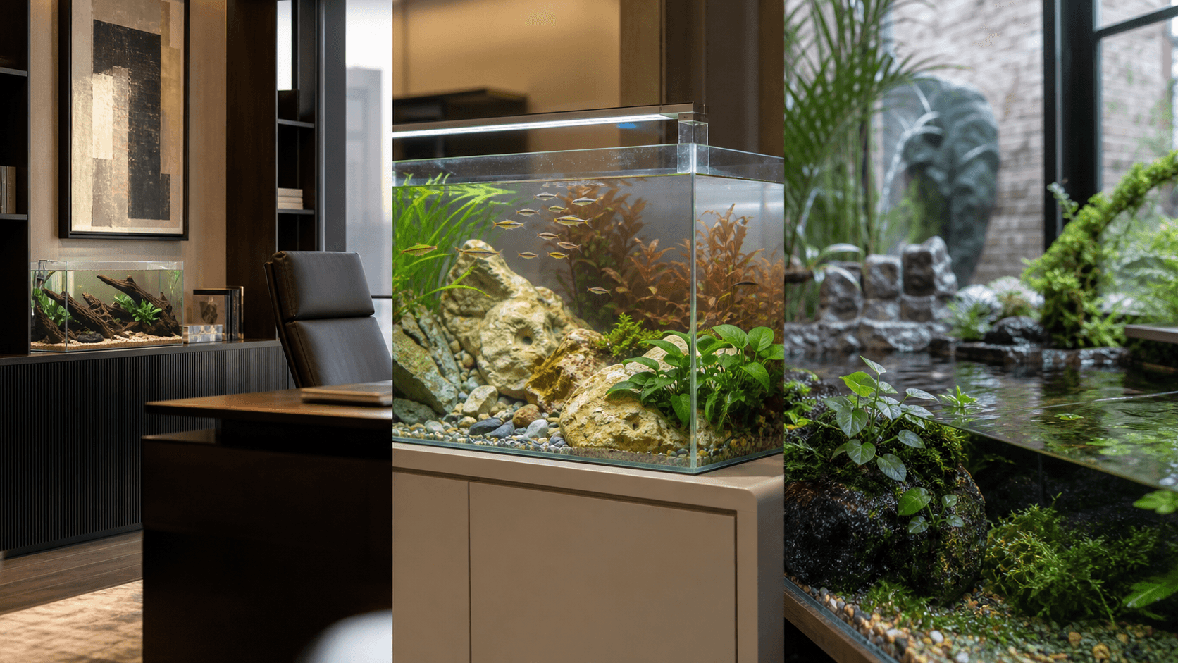Nana aquarium anubias shown in three settings: Designer aquarium, Architectural water feature, Conservatory pond