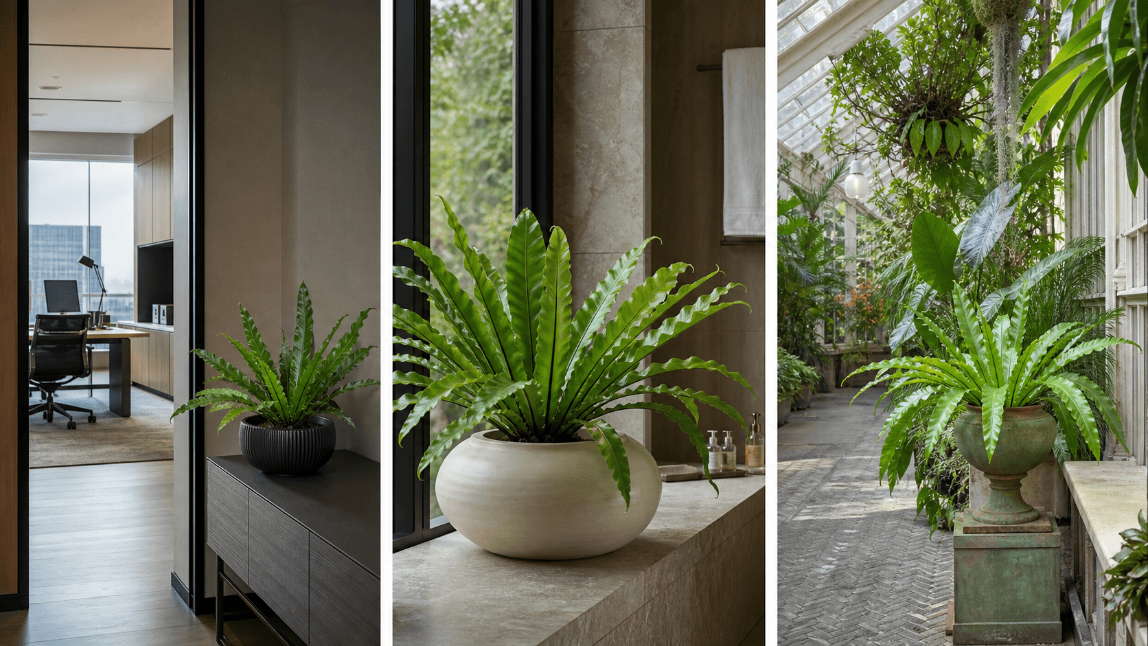 Antiquum spleenwort fern shown in three settings: Spa bathroom, Shaded living room, Glass conservatory