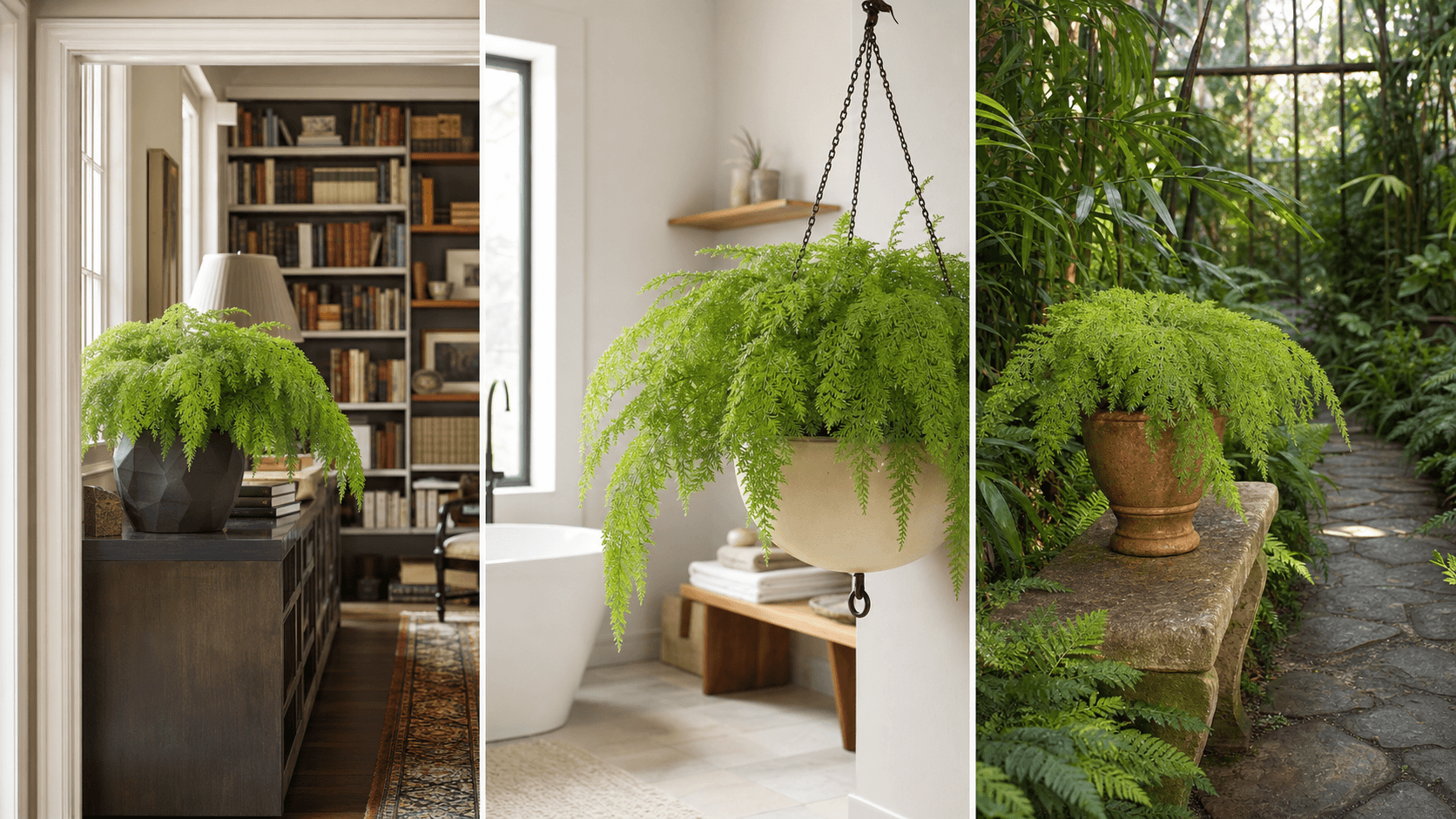 Bulbiferum spleenwort fern shown in three settings: Spa bathroom, Shaded living room, Glass conservatory