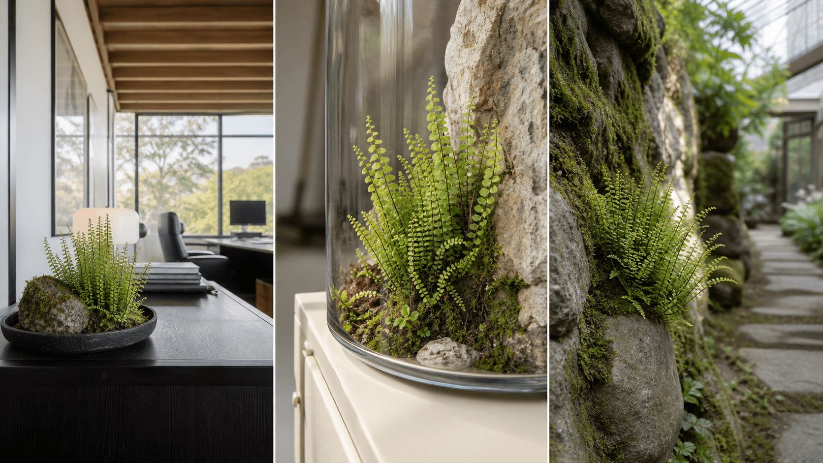 Trichomanes spleenwort fern shown in three settings: Spa bathroom, Shaded living room, Glass conservatory