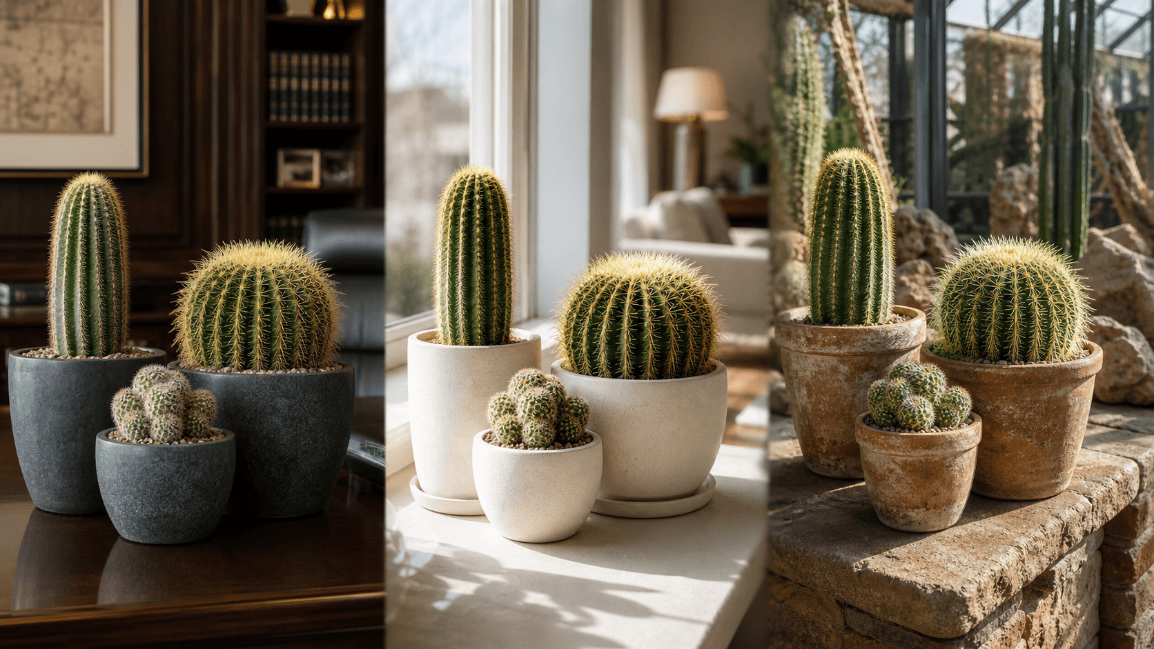 Assorted Cacti shown in three settings: Bright executive office, Modern living room, Sheltered patio